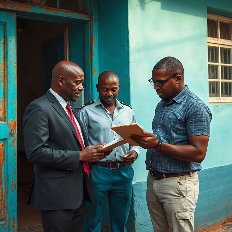 Pulsewpanda team reviewing a clipboard outside a teal-painted Mombasa building